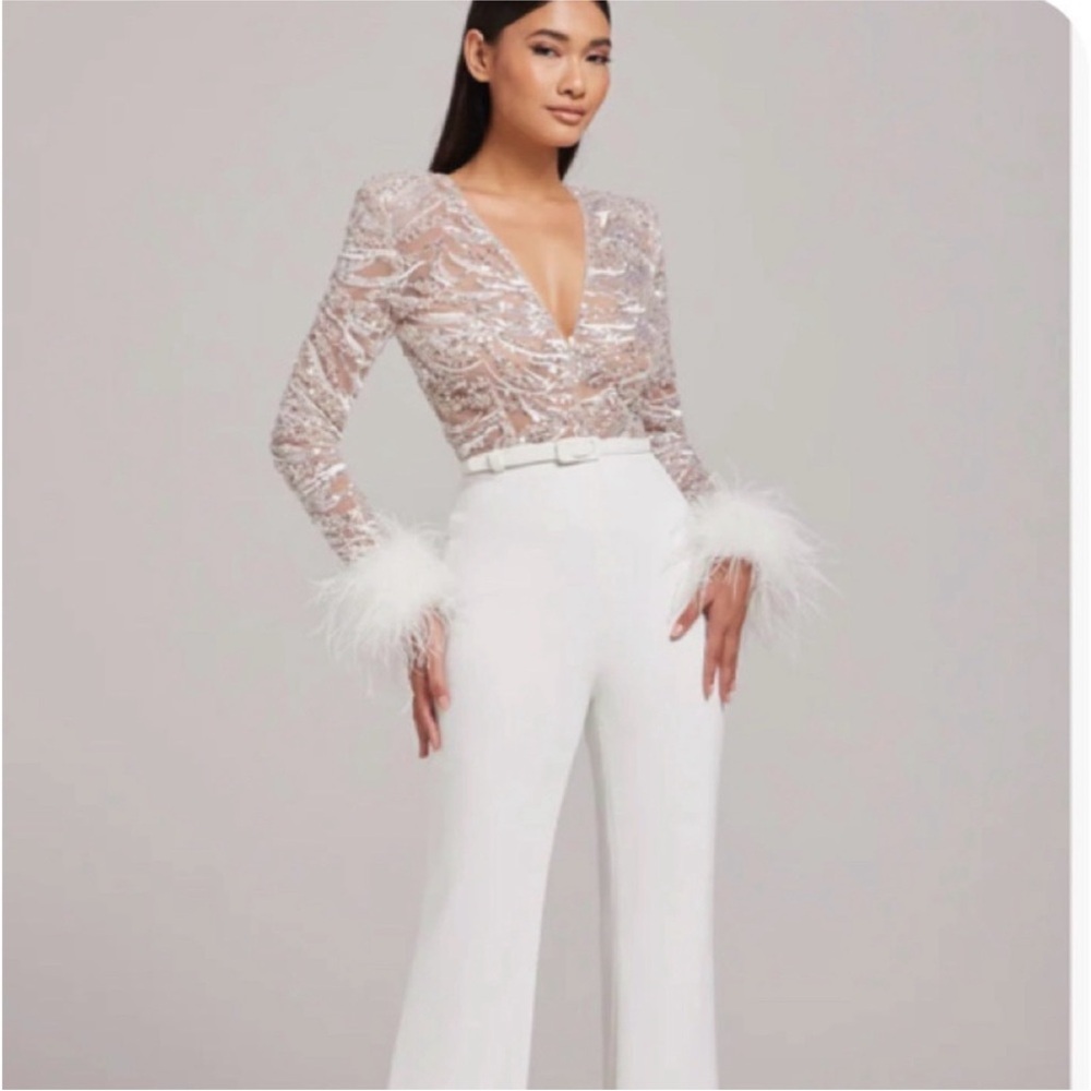 NADINE MERABI Alexa White Sequin Feather Jumpsuit